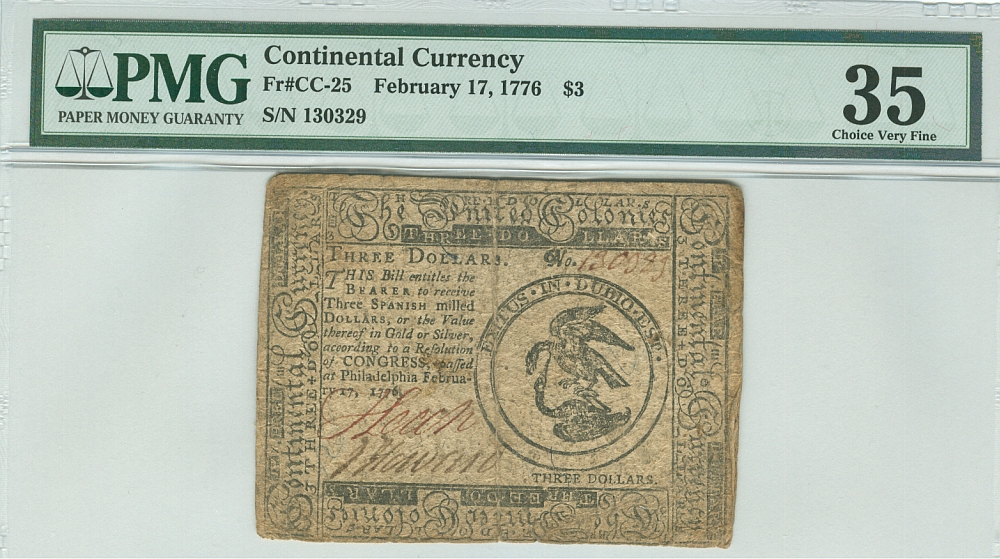 Fr.CC-25, Continental Currency, Feb. 17, 1776 $3, Ch.VF, PMG-35